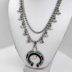 vintage faux squash blossom necklace Enamel Inlay‎ Double Strand
